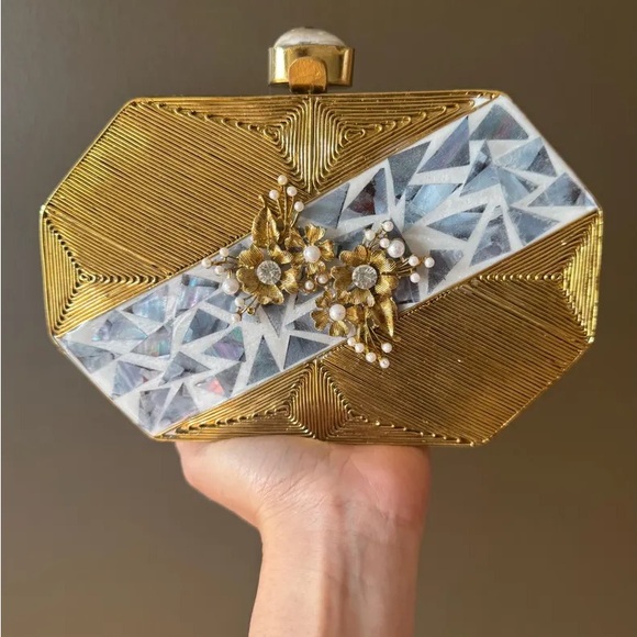 Gold and White Geometric Clutch